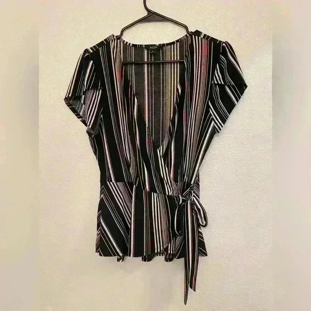 AUW Women’s Y2K V-neck Wrap Around Black and White‎ Striped Blouse Size M
